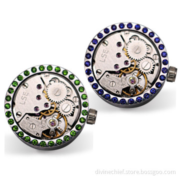 Stainless Steel Novelty Gold Plated Skeleton Watch Movement Cufflinks for Men